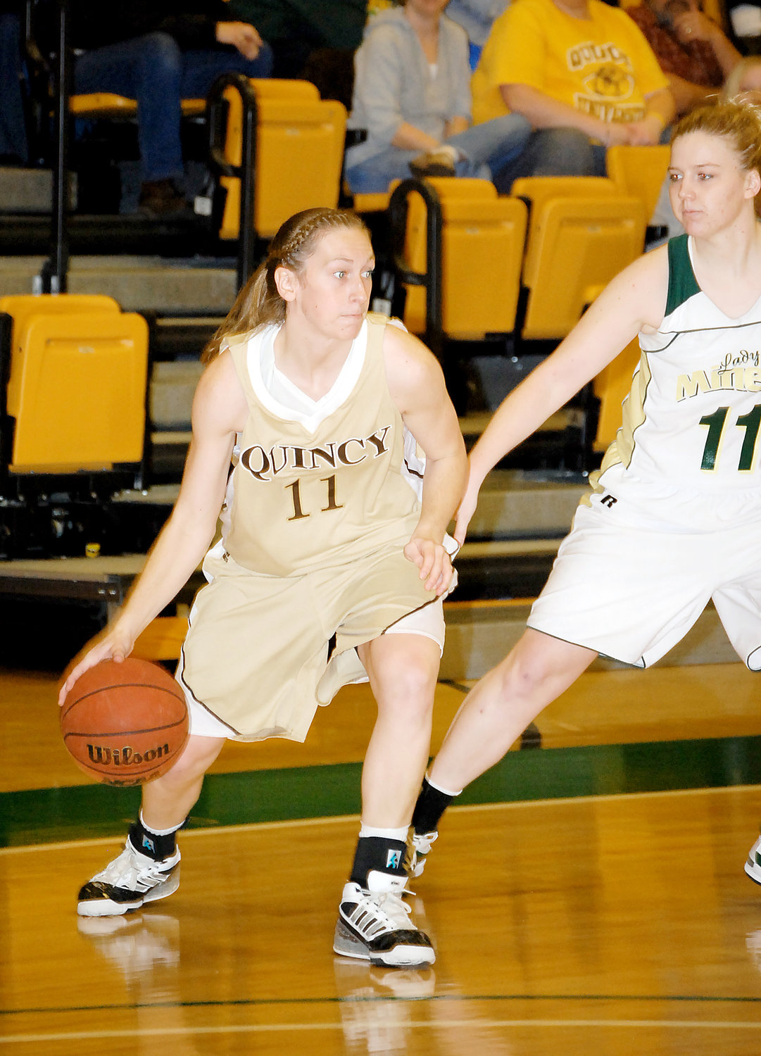 Jessica Keller played pressure defense for Quincy University’s Lady Hawks during her senior season of college basketball back in early 2009. Keller is shown playing for the Lady Hawks against the Missouri University Science and Technology (S & T) Lady Miners. Jessica is the daughter of Tom and Teresa Keller of Belle.